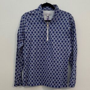 NWT Peter Millar Women’s Blue and White Geometric Pattern Quarter Zip Pullover L